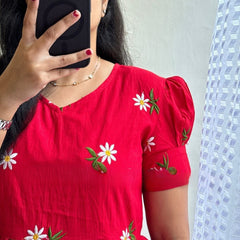 Red Embroidered Cotton Midi Kurti for Women