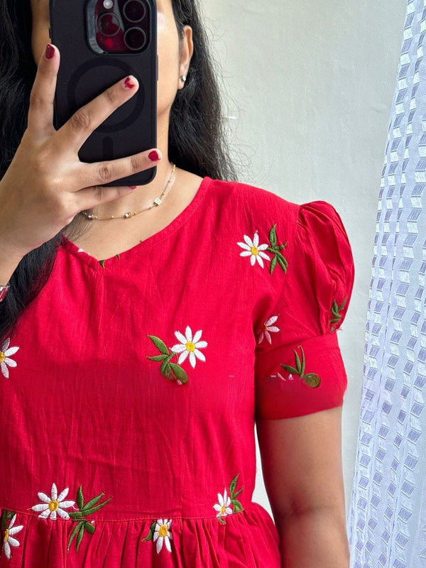 Red Embroidered Cotton Midi Kurti for Women
