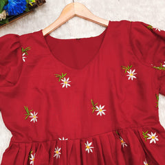 Red Embroidered Cotton Midi Kurti for Women