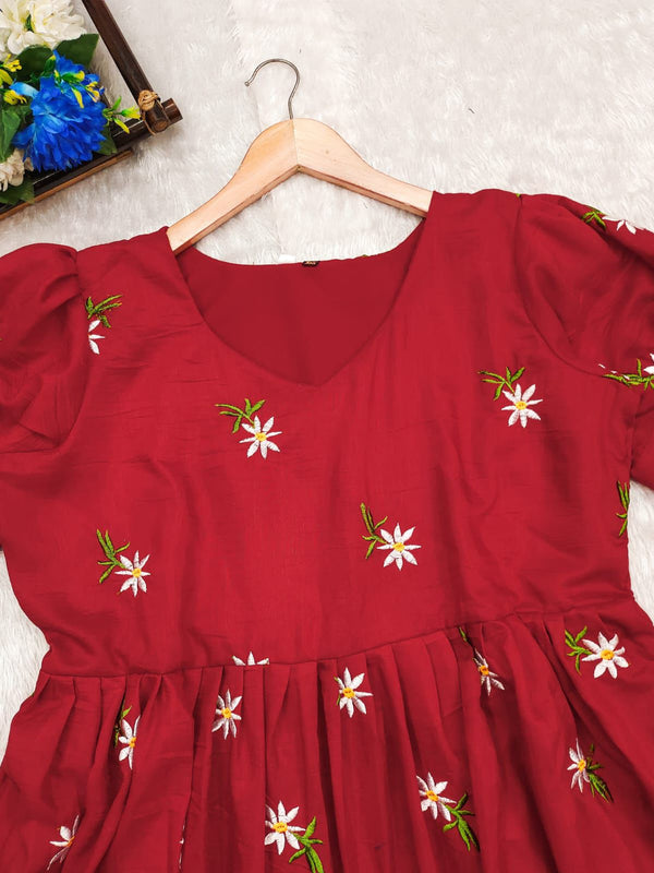 Red Embroidered Cotton Midi Kurti for Women