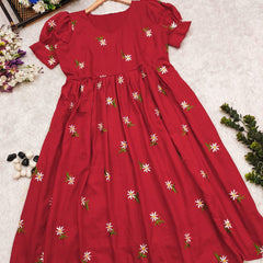 Red Embroidered Cotton Midi Kurti for Women