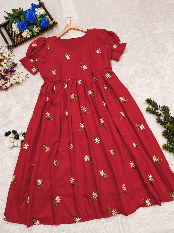 Red Embroidered Cotton Midi Kurti for Women