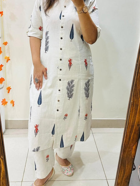 White Printed Cotton Kurti & Palazzo Set