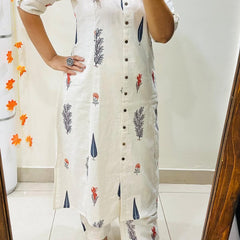 White Printed Cotton Kurti & Palazzo Set
