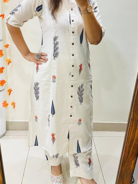 White Printed Cotton Kurti & Palazzo Set