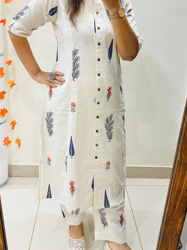 White Printed Cotton Kurti & Palazzo Set