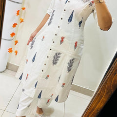 White Printed Cotton Kurti & Palazzo Set