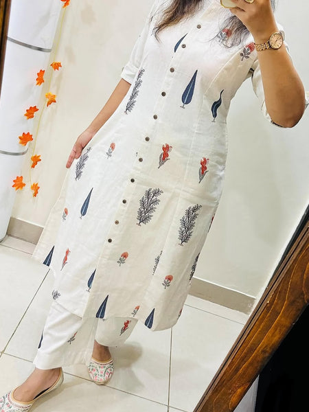 White Printed Cotton Kurti & Palazzo Set