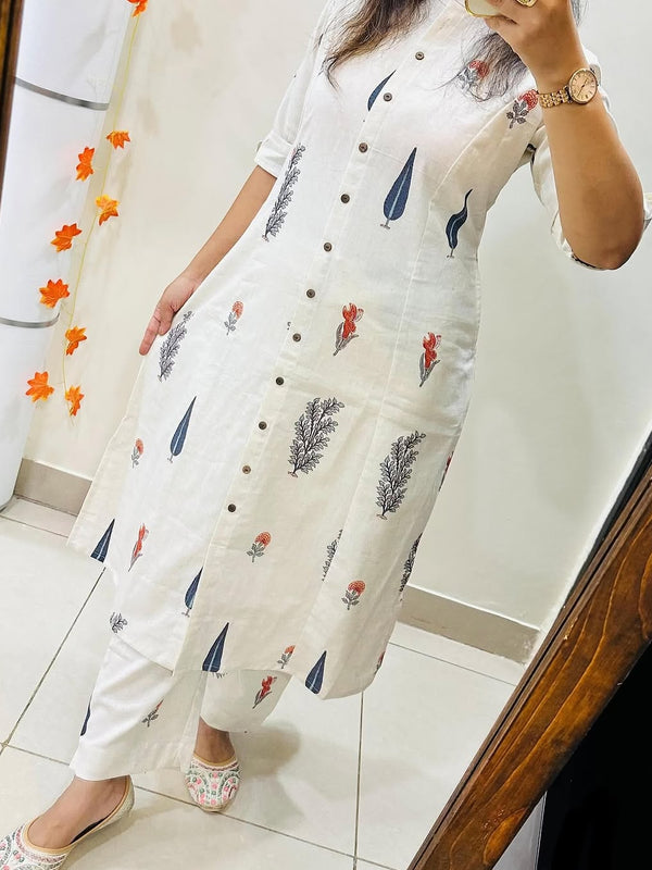 White Printed Cotton Kurti & Palazzo Set