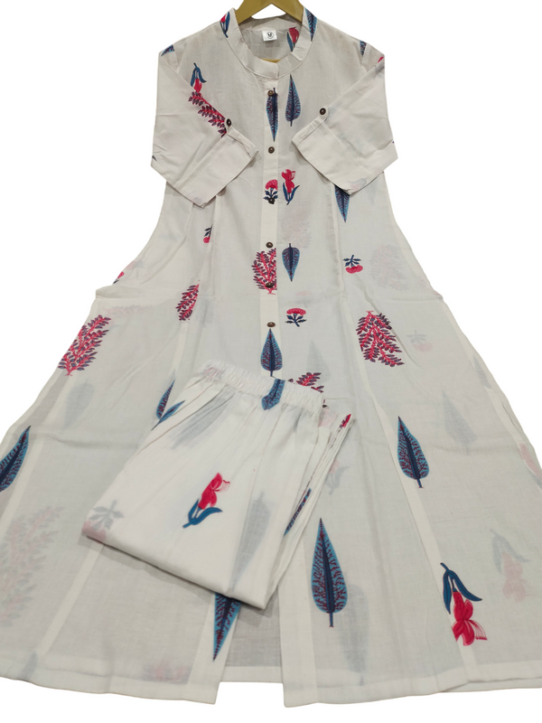White Printed Cotton Kurti & Palazzo Set