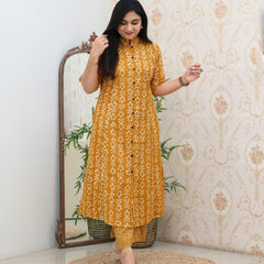Yellow Floral Printed Cotton Kurti & Palazzo Set