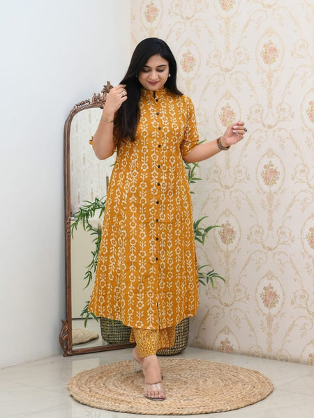 Yellow Floral Printed Cotton Kurti & Palazzo Set