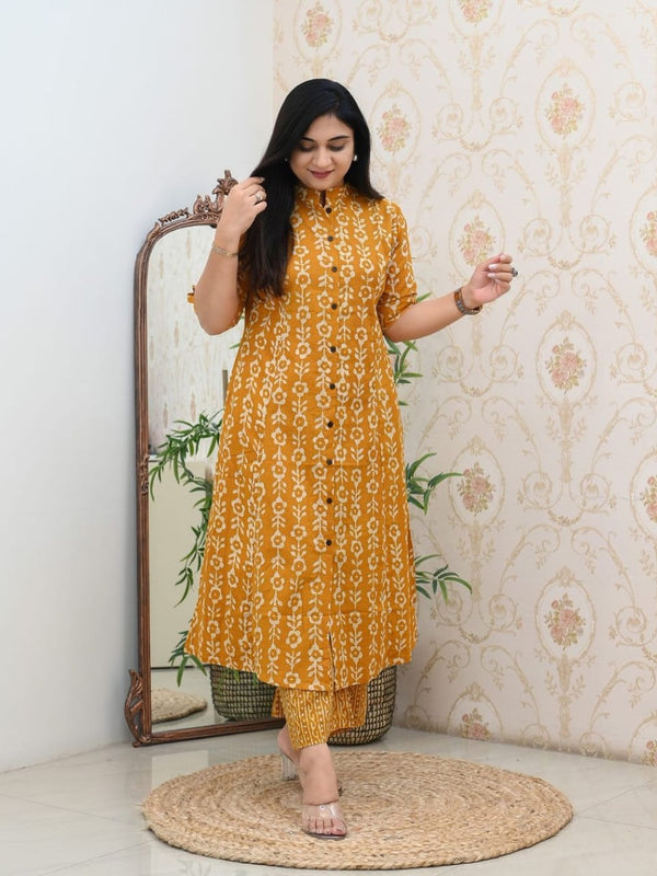 Yellow Floral Printed Cotton Kurti & Palazzo Set