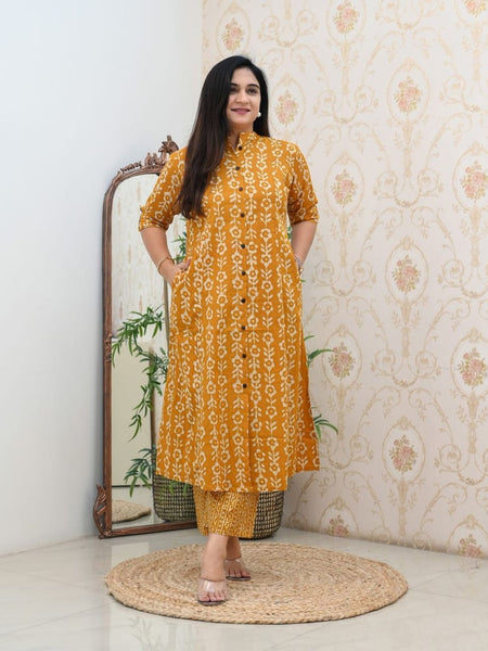 Yellow Floral Printed Cotton Kurti & Palazzo Set