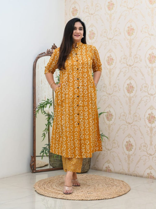 Yellow Floral Printed Cotton Kurti & Palazzo Set