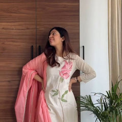 Embroideried Katha Work Off-White Cotton Suit Set
