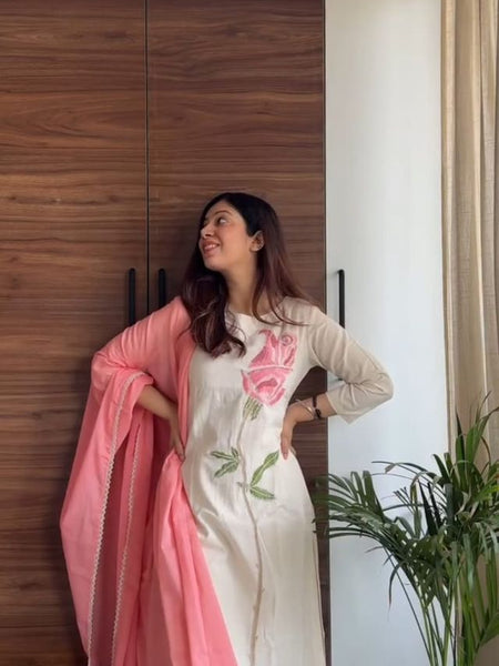 Embroideried Katha Work Off-White Cotton Suit Set