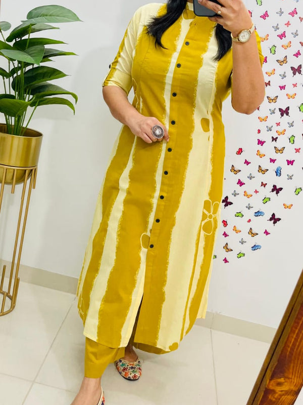 Yellow Floral Printed Cotton Kurti & Palazzo Set