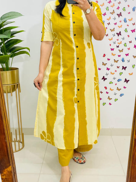 Yellow Floral Printed Cotton Kurti & Palazzo Set