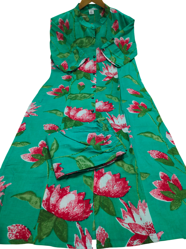 Green Printed Cotton Kurti Palazzo Set