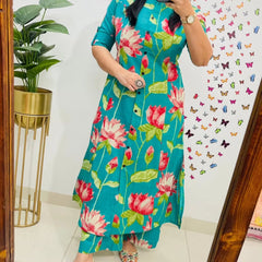 Green Printed Cotton Kurti Palazzo Set