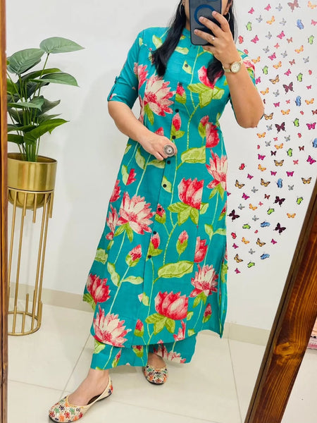 Green Printed Cotton Kurti Palazzo Set