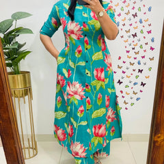Green Printed Cotton Kurti Palazzo Set