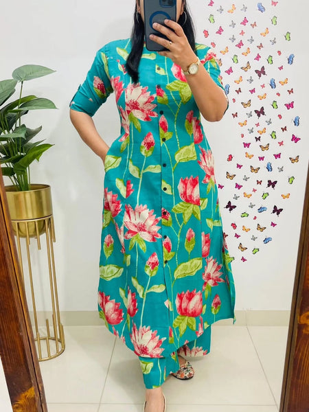 Green Printed Cotton Kurti Palazzo Set