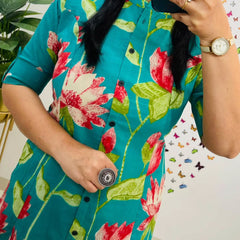Green Printed Cotton Kurti Palazzo Set