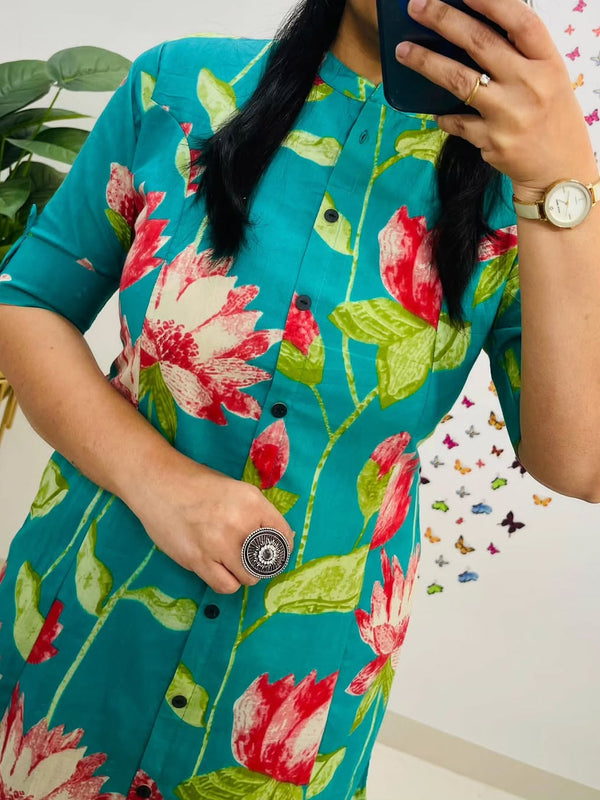 Green Printed Cotton Kurti Palazzo Set