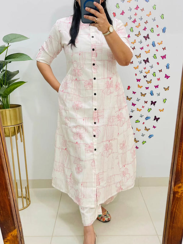 Red Printed Cotton Kurti & Palazzo Set