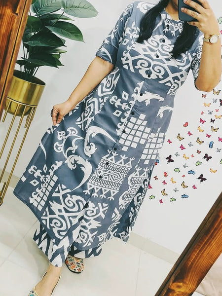 Dark Grey Cotton A-Line Printed Co-ord Set