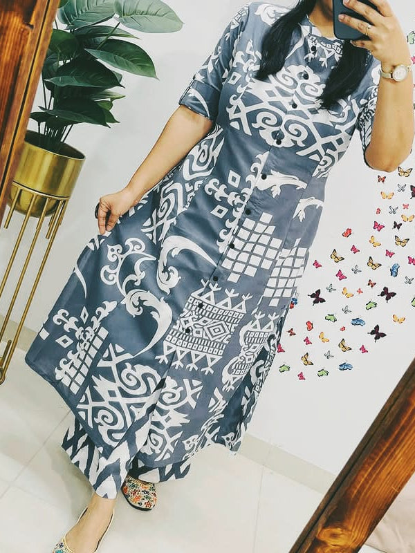 Dark Grey Cotton A-Line Printed Co-ord Set