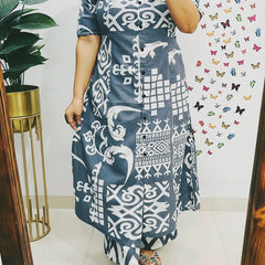 Dark Grey Cotton A-Line Printed Co-ord Set