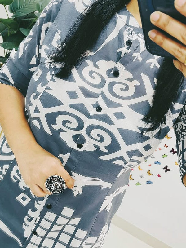 Dark Grey Cotton A-Line Printed Co-ord Set