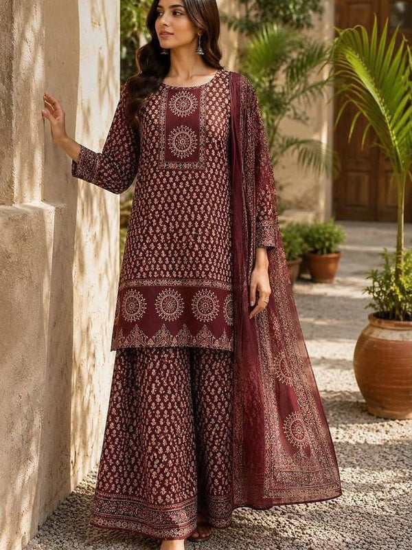 Beautiful Printed Maroon Cotton Gopi Dress Set