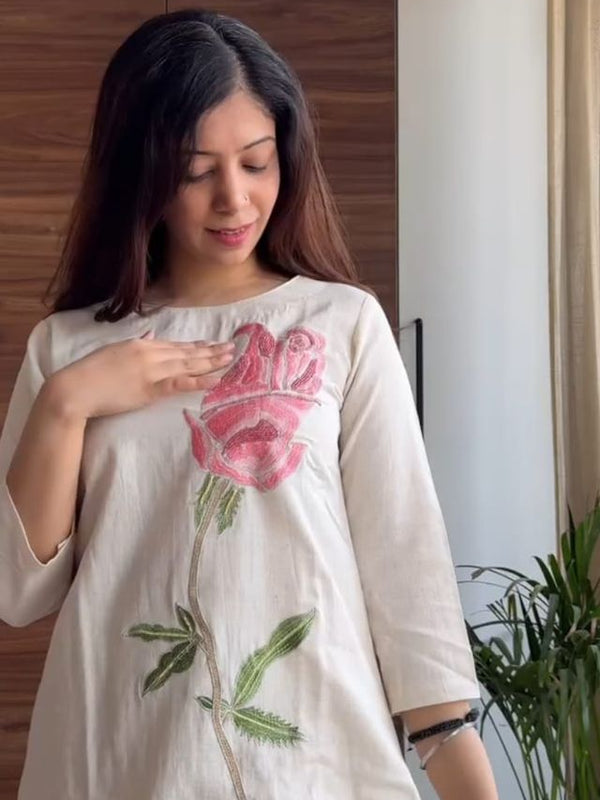 Embroideried Katha Work Off-White Cotton Suit Set