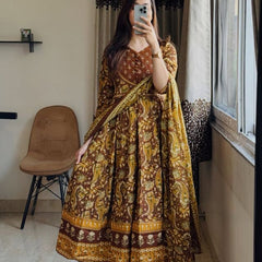 Beautiful Printed Anarkali Cotton Yellow Suit Set