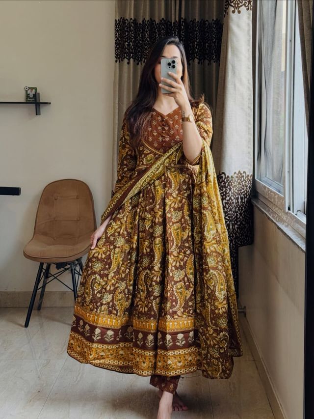 Beautiful Printed Anarkali Cotton Yellow Suit Set