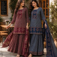 Beautiful Printed Blue Cotton Gopi Dress Set