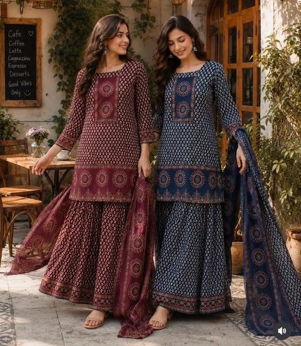 Beautiful Printed Blue Cotton Gopi Dress Set