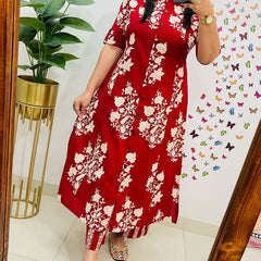 Red Printed Cotton A-Line Co-ord Set