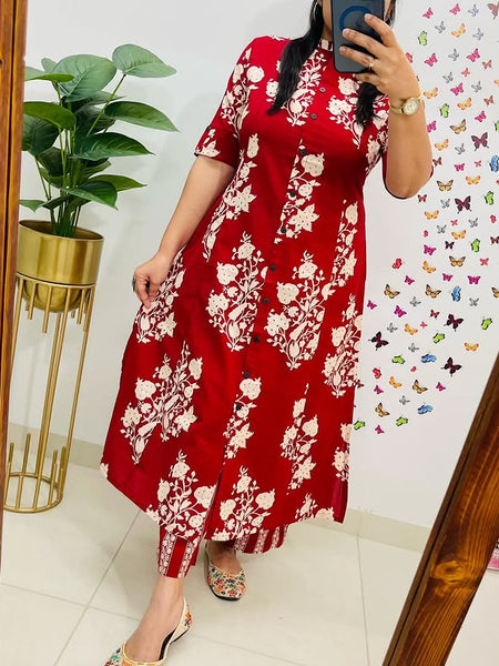 Red Printed Cotton A-Line Co-ord Set