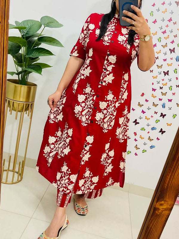 Red Printed Cotton A-Line Co-ord Set