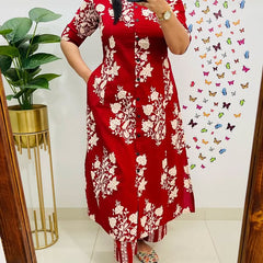 Red Printed Cotton A-Line Co-ord Set