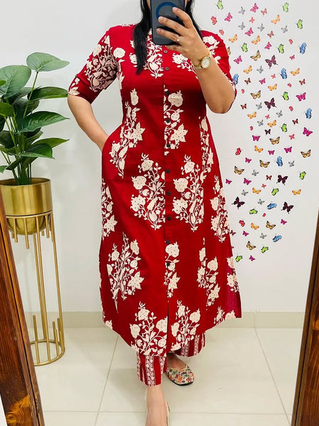 Red Printed Cotton A-Line Co-ord Set