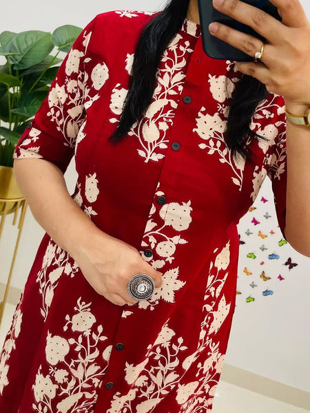 Red Printed Cotton A-Line Co-ord Set