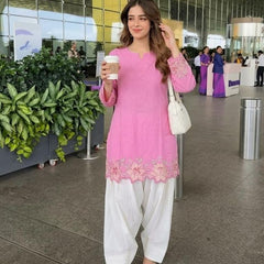 Embroidery Work Baby Pink Cotton Farshi Salwar Set