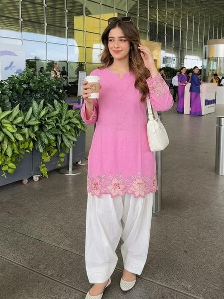 Embroidery Work Baby Pink Cotton Farshi Salwar Set