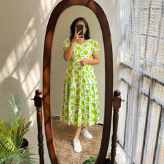 Green Ikat Print Cotton Full Flare Midi Gown
